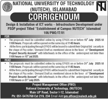 National University of Technology Islamabad Tender Notice